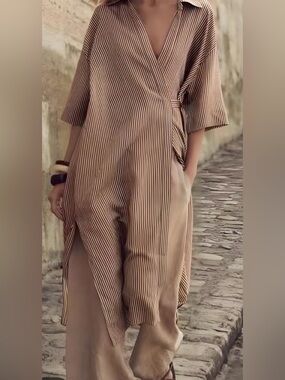 Zara Elegant Beige Striped dress/ Size Medium